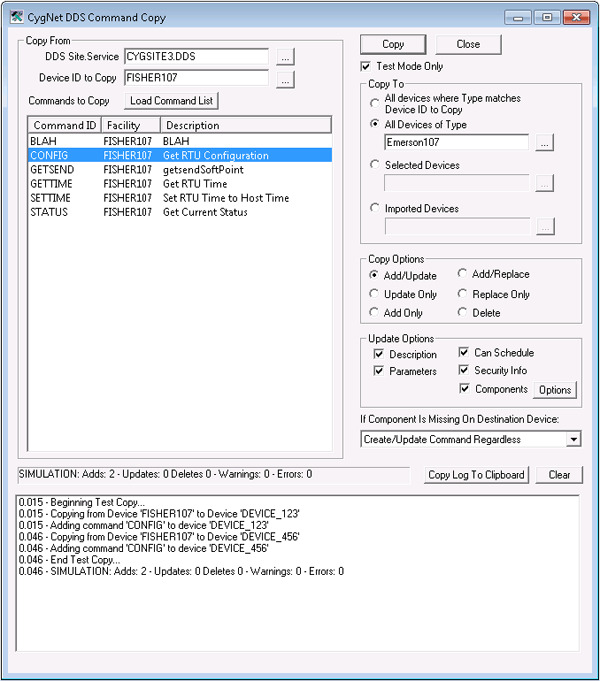 DDS Command Copy dialog box