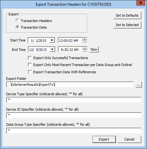 Export Transaction Headers dialog box