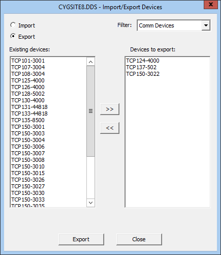 Import/Export Devices - Export View
