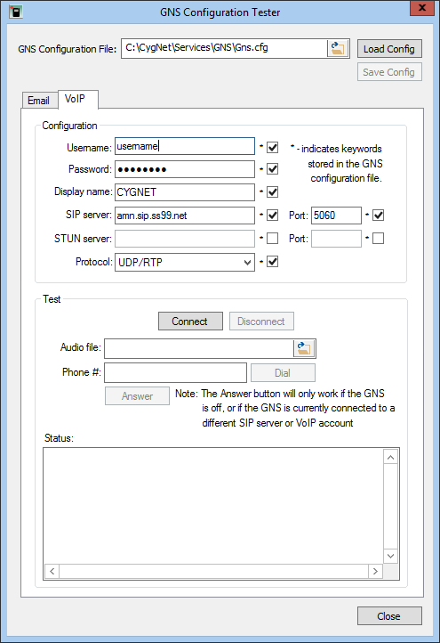 GNS Configuration Tester VoIP page