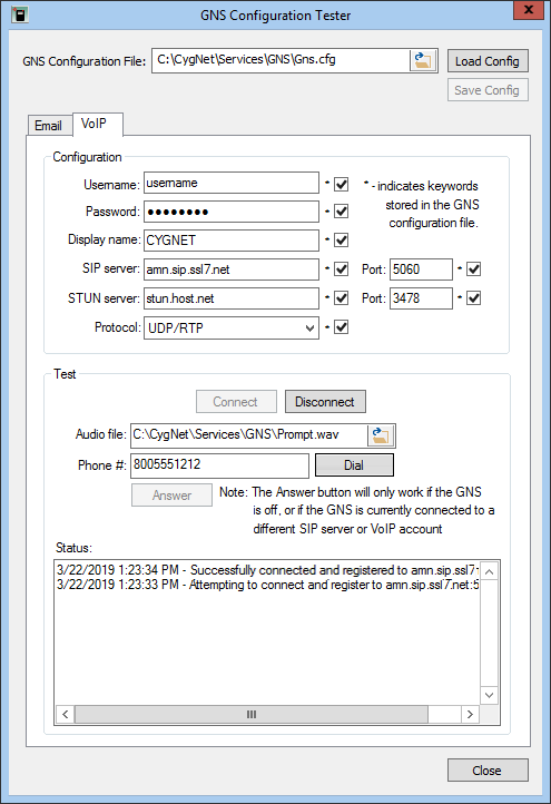 GNS Configuration Tester VoIP page
