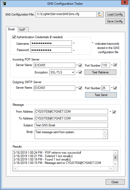 GNS Configuration Tester Email page