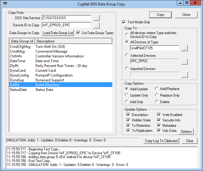 CygNet DDS Data Group Copy dialog box