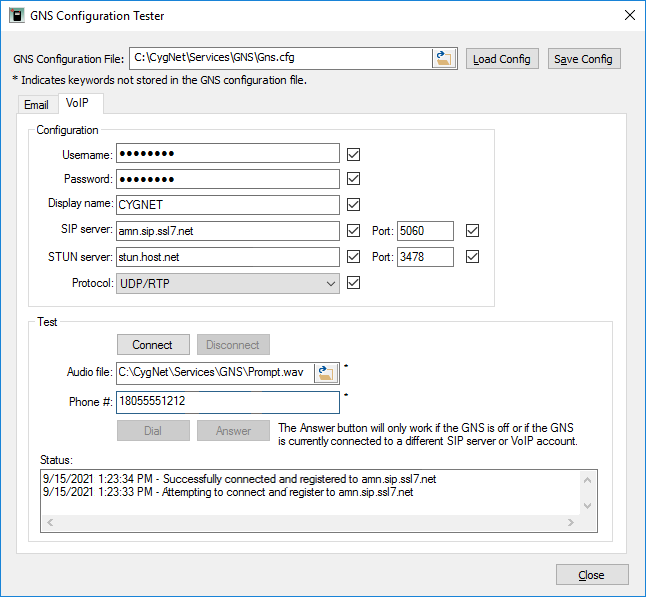 GNS Configuration Tester VoIP page