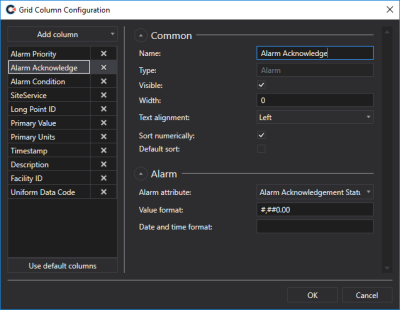 Sample Alarm Grid Column Configuration dialog box