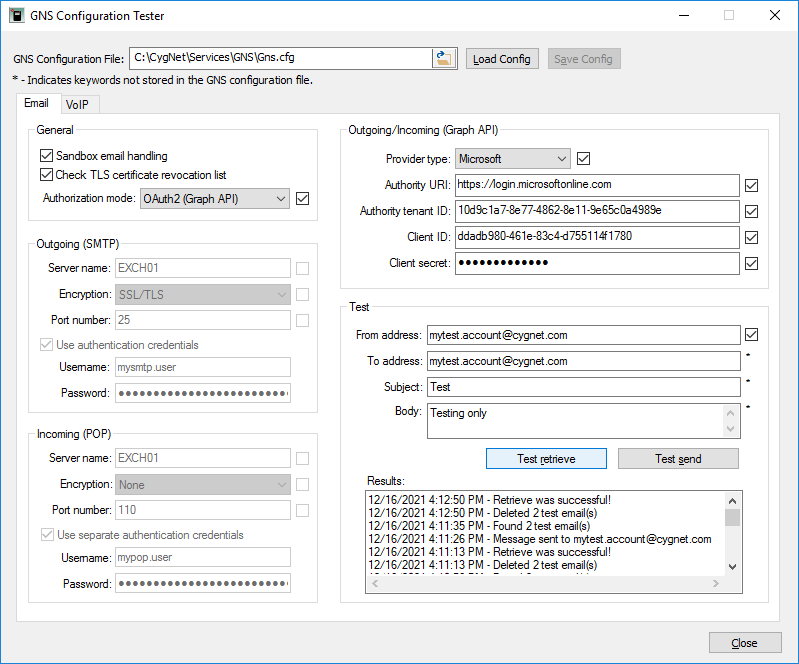 GNS Configuration Tester Email page GNS Configuration Tester Email page