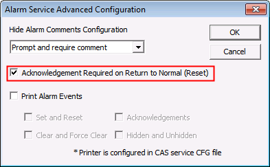 Alarm Service Advanced Configuration Dialog Box