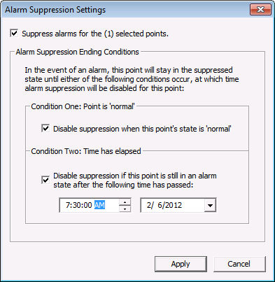 Alarm Suppression Settings Dialog Box