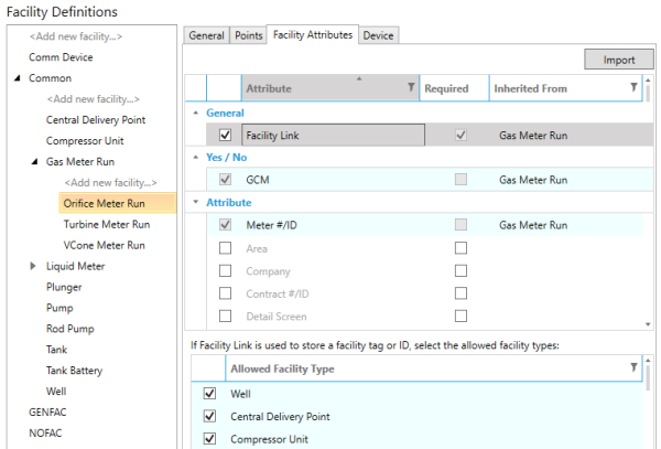 Facility Definitions — Facility Attributes Tab