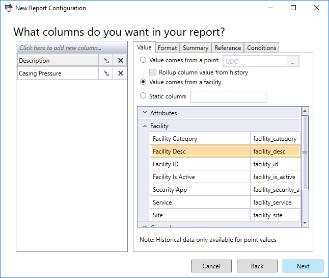 Current Value Report columns