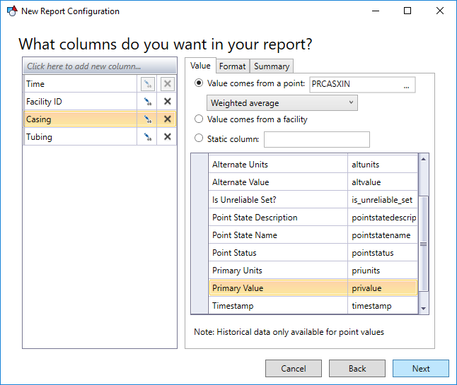 History value report columns