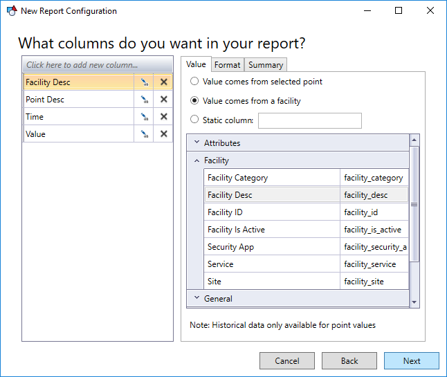 History value report columns