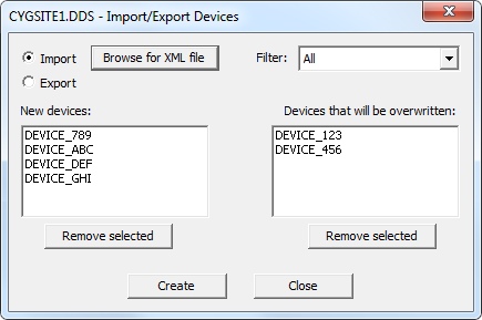 Import/Export Devices - Import View