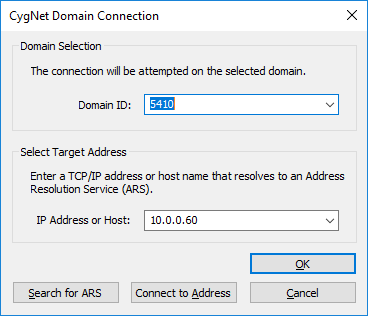 CygNet Domain Connection Dialog Box