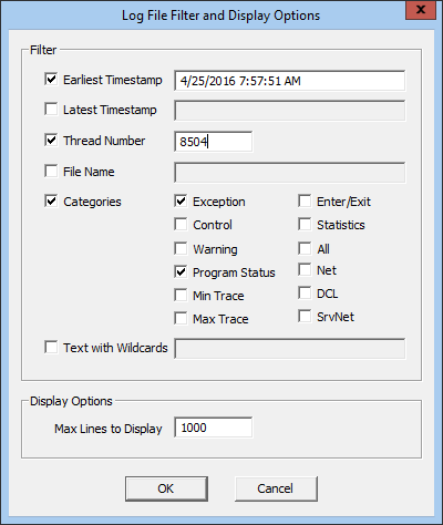 Log File Filter and Display Options