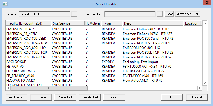 Select Facility dialog box