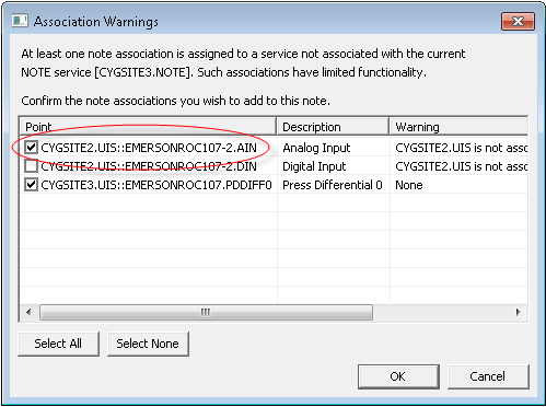 Association Warnings dialog box