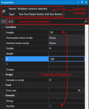 Properties pane with multiple controls selected