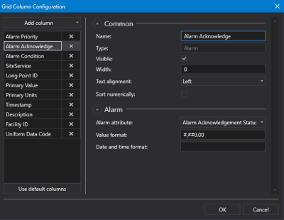 Sample Alarm Grid Column Configuration dialog box
