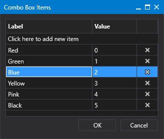 Sample Combo Box Items Configuration dialog box
